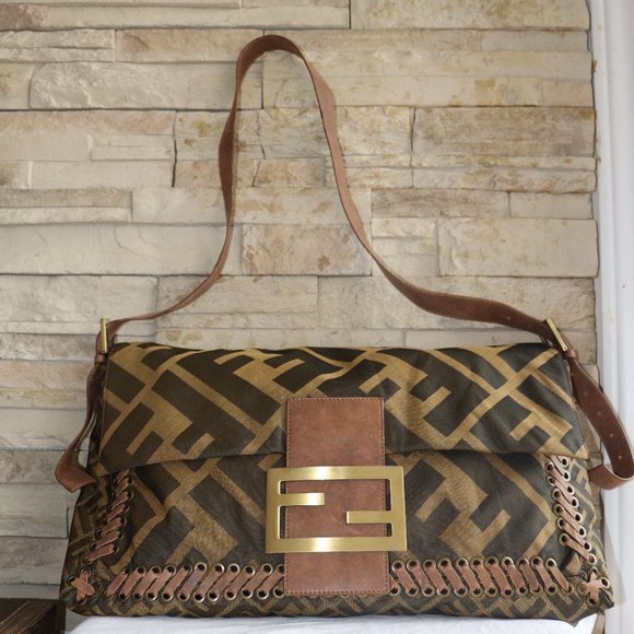 SOLD Fendi Tobacco Zucca Large Baguette Laced Bag - Picture 1 of 16